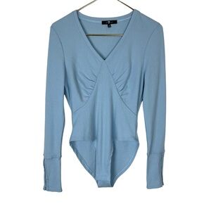 7 For All Mankind Baby Blue Ribbed V neck Fitted Bodysuit